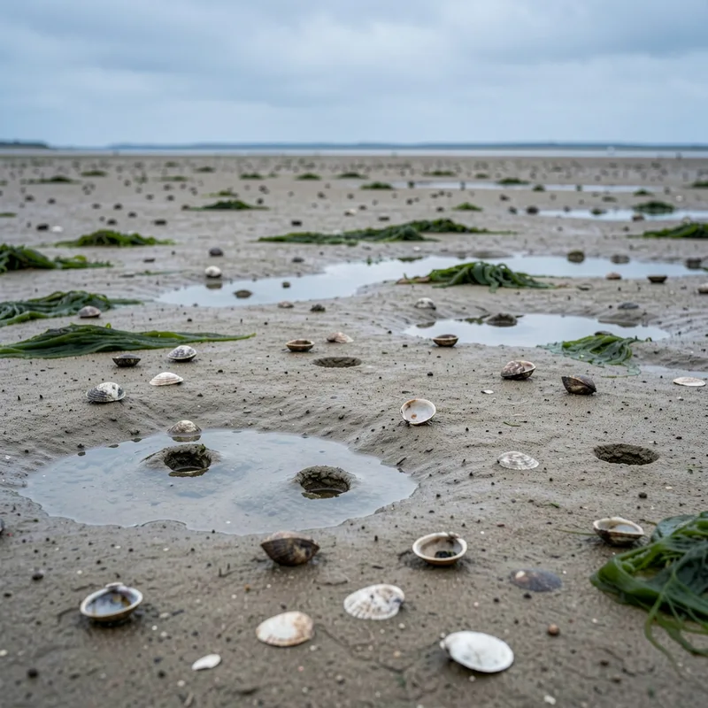 Estran sableux du bassin d&rsquo;Arcachon découvert à marée basse, avec des flaques et des traces de coquillages
