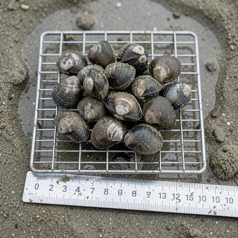 Palourdes et coques triées sur une grille de calibrage posée sur le sable humide