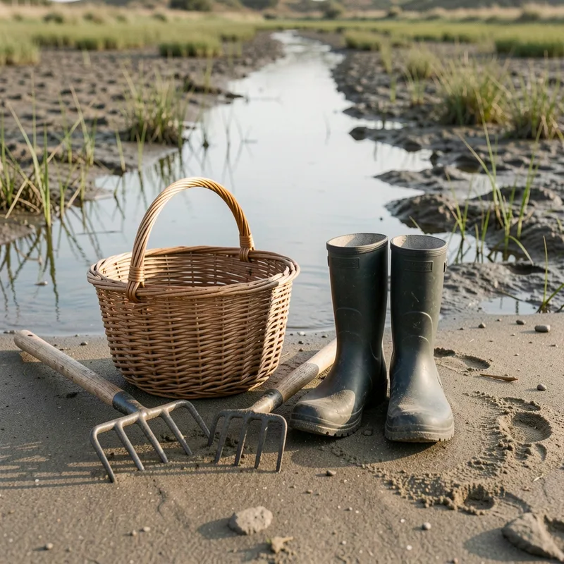 Panier en osier, griffe à palourdes et bottes posés au bord d&rsquo;un chenal du bassin d&rsquo;Arcachon