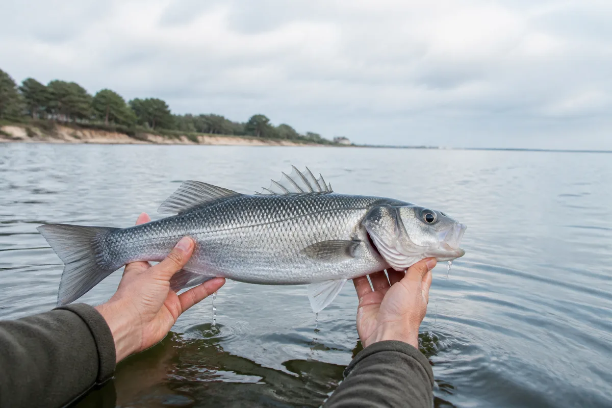 Bar de belle taille tenu au-dessus de l&rsquo;eau avant sa remise à l&rsquo;eau sur le bassin d&rsquo;Arcachon