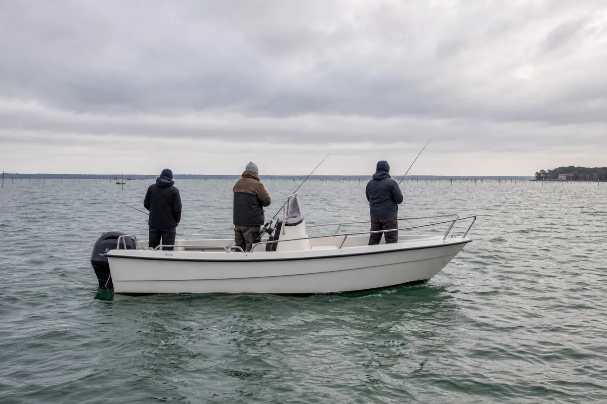 Deux pêcheurs et leur accompagnateur à bord d&rsquo;un bateau ouvert sur le bassin d&rsquo;Arcachon