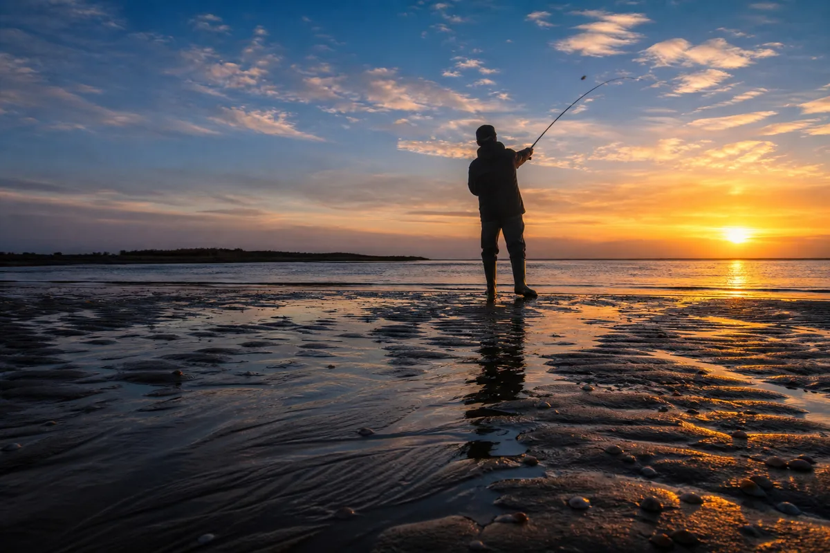 Pêcheur lançant un leurre depuis un rivage sableux du bassin d&rsquo;Arcachon à marée descendante