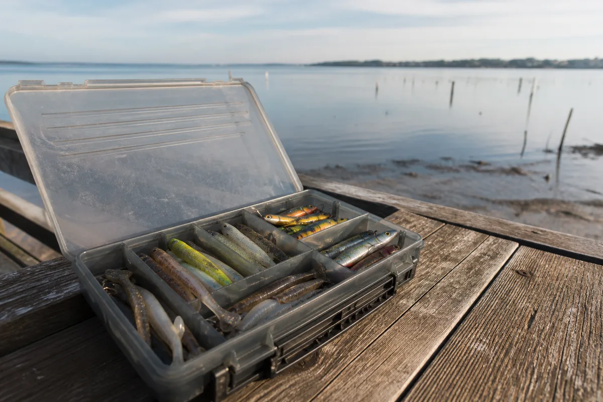 Boîte de leurres souples et de poissons nageurs posée sur un ponton en bois face au bassin
