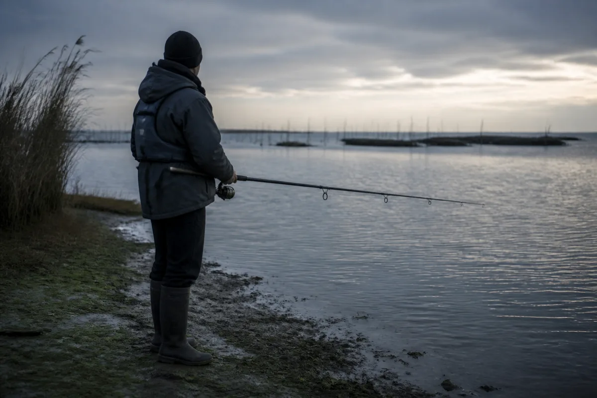 Pêcheur en veste imperméable et gilet de sauvetage sur une berge du bassin en hiver