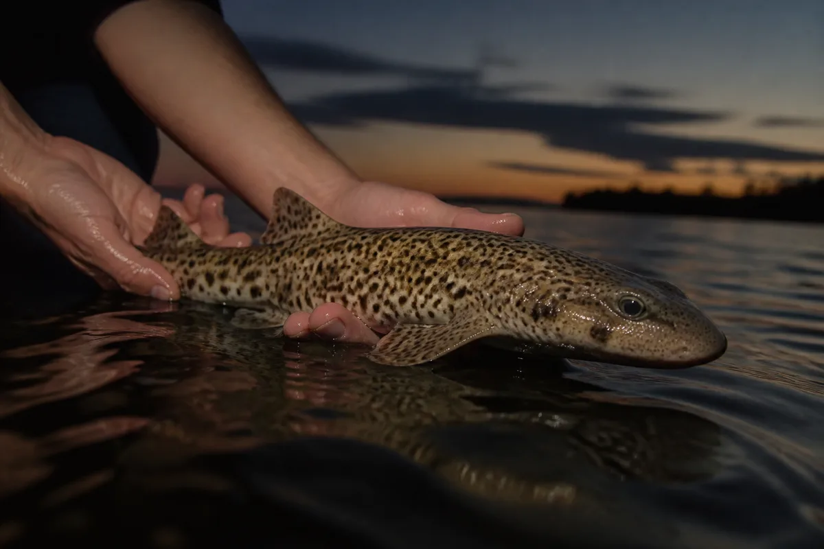 Petite roussette tenue avec précaution au-dessus de l&rsquo;eau avant remise à l&rsquo;eau