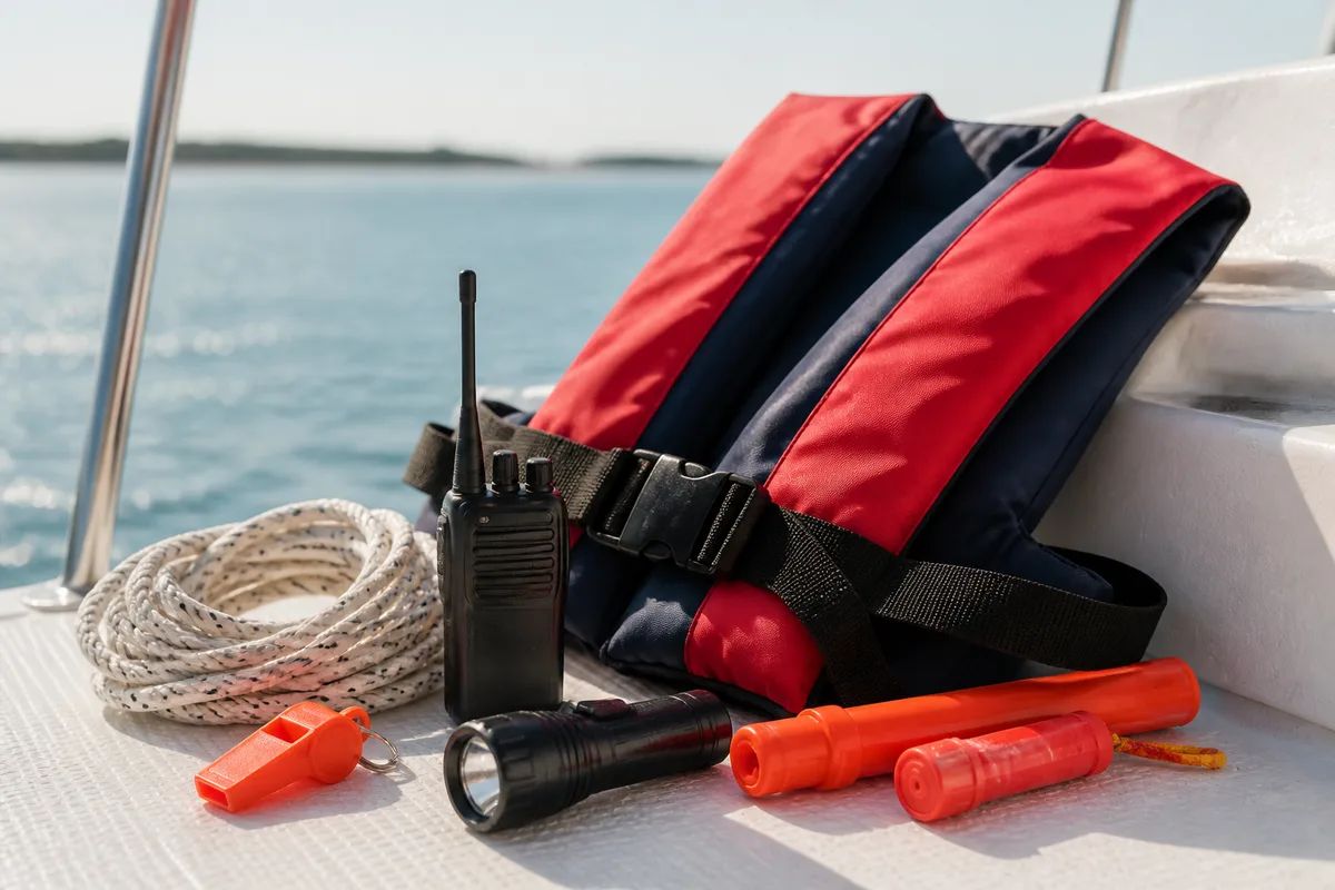 Gilet de sauvetage, VHF portative et matériel de sécurité disposés sur le pont d&rsquo;un bateau